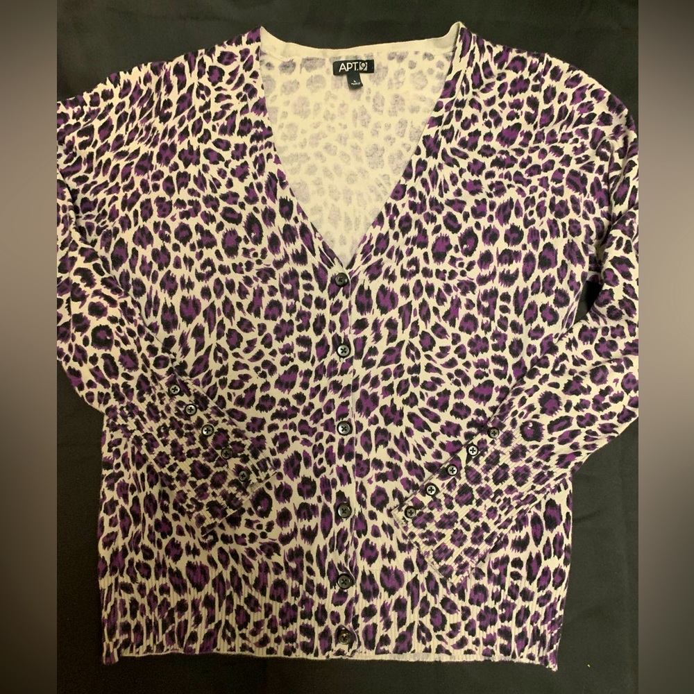 Apt 9 Cardigan Sweater Gray/Purple Leopard Print Size Large